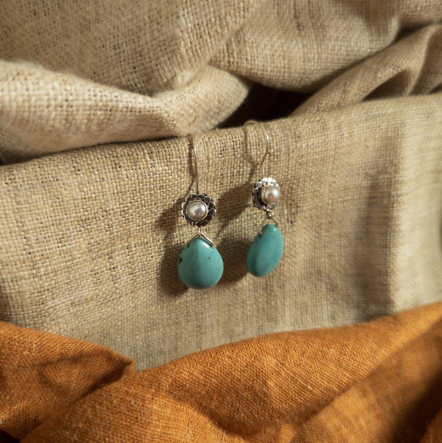 Turquoise Drop Earrings - Pearl and Silver Wire Earrings | Handmade Silver Jewellery - Textile Traders