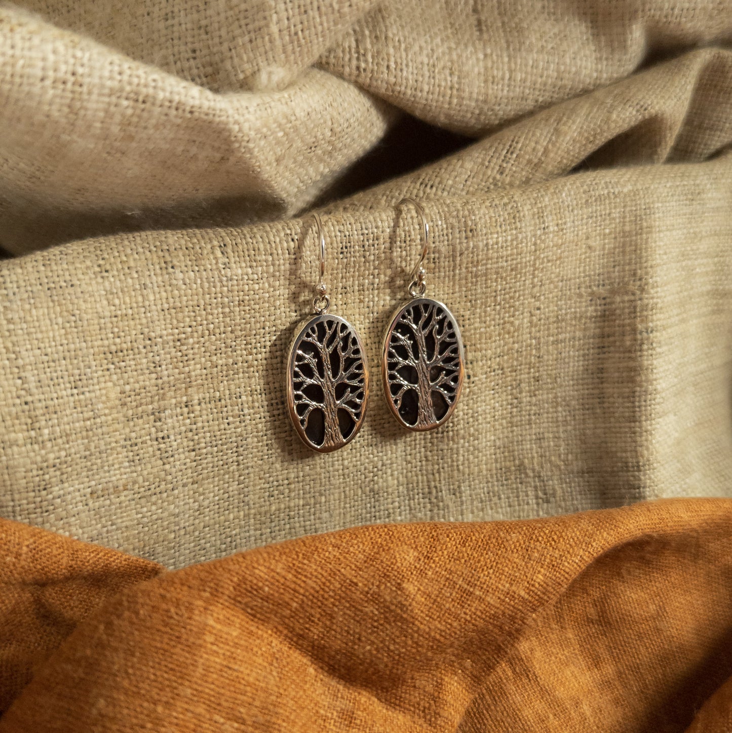 Silver Tree Earrings - Oval Tree Of Life Design | Handmade Silver Jewellery - Textile Traders