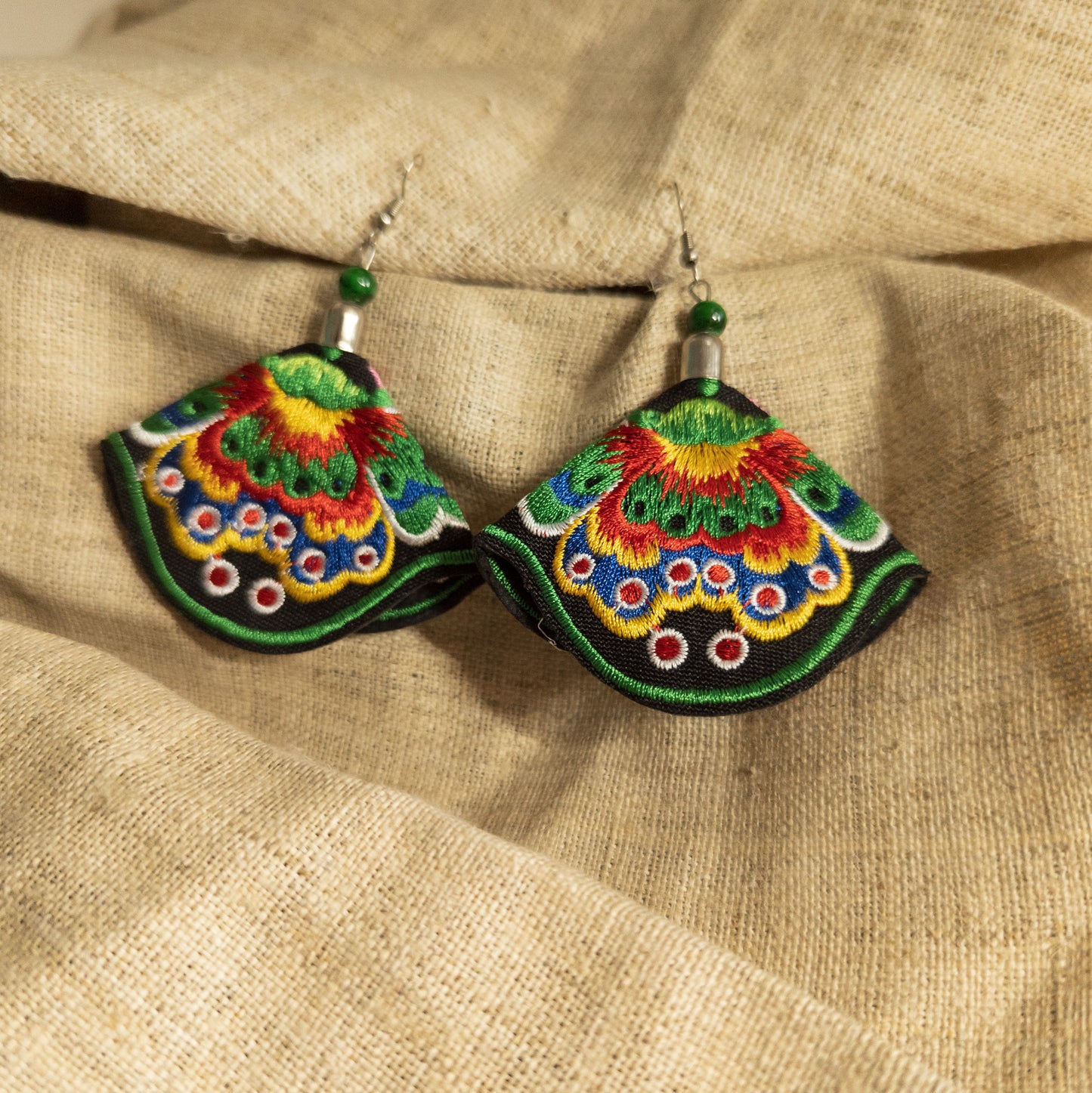 Colourful Embroidered Earrings - Chinese Embroidery - Fabric Jewellery - Textile Traders