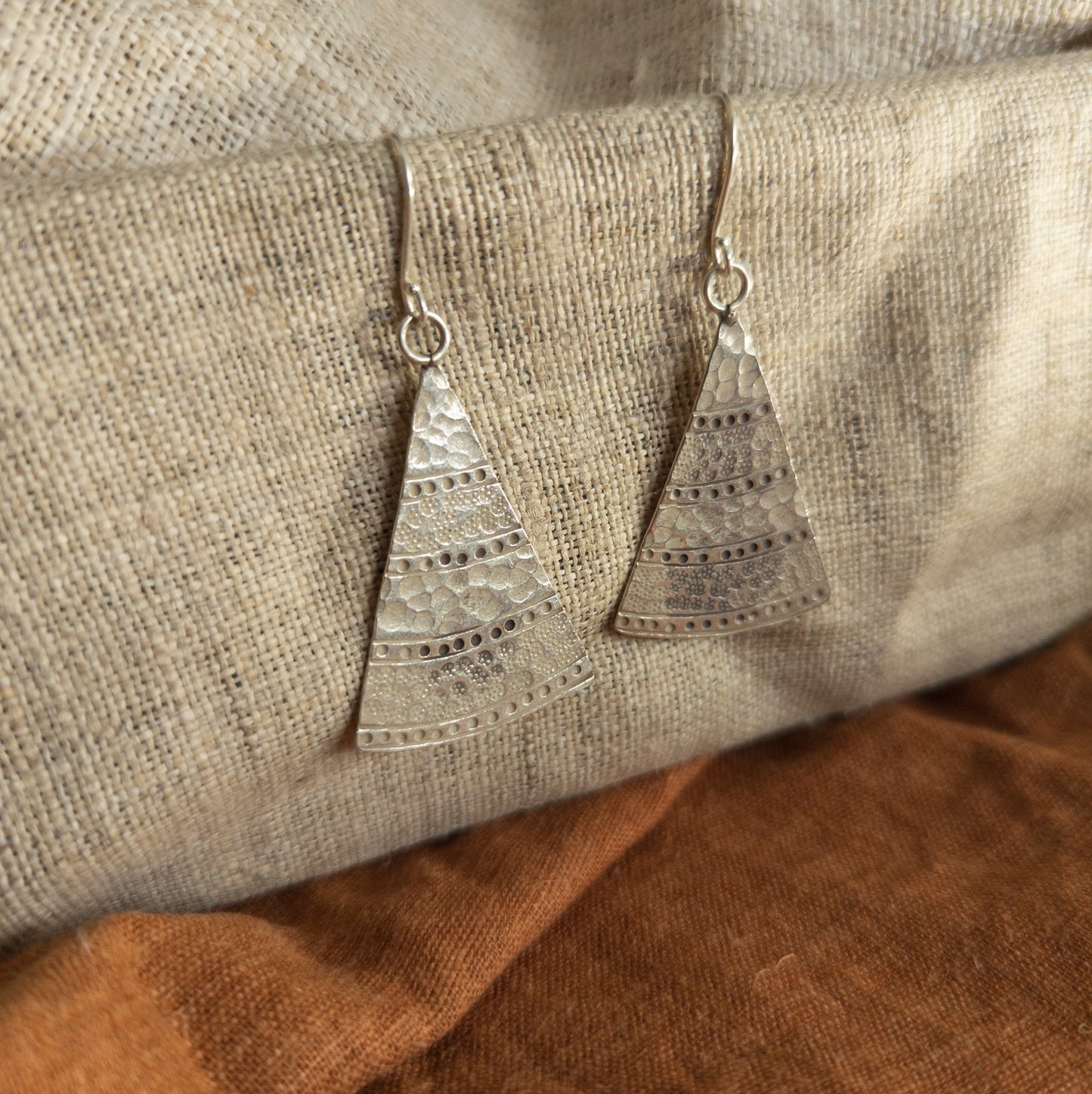 Silver Triangle Earrings - Traditional Stamped Silver Design - Handmade Hilltribe Jewellery - Textile Traders