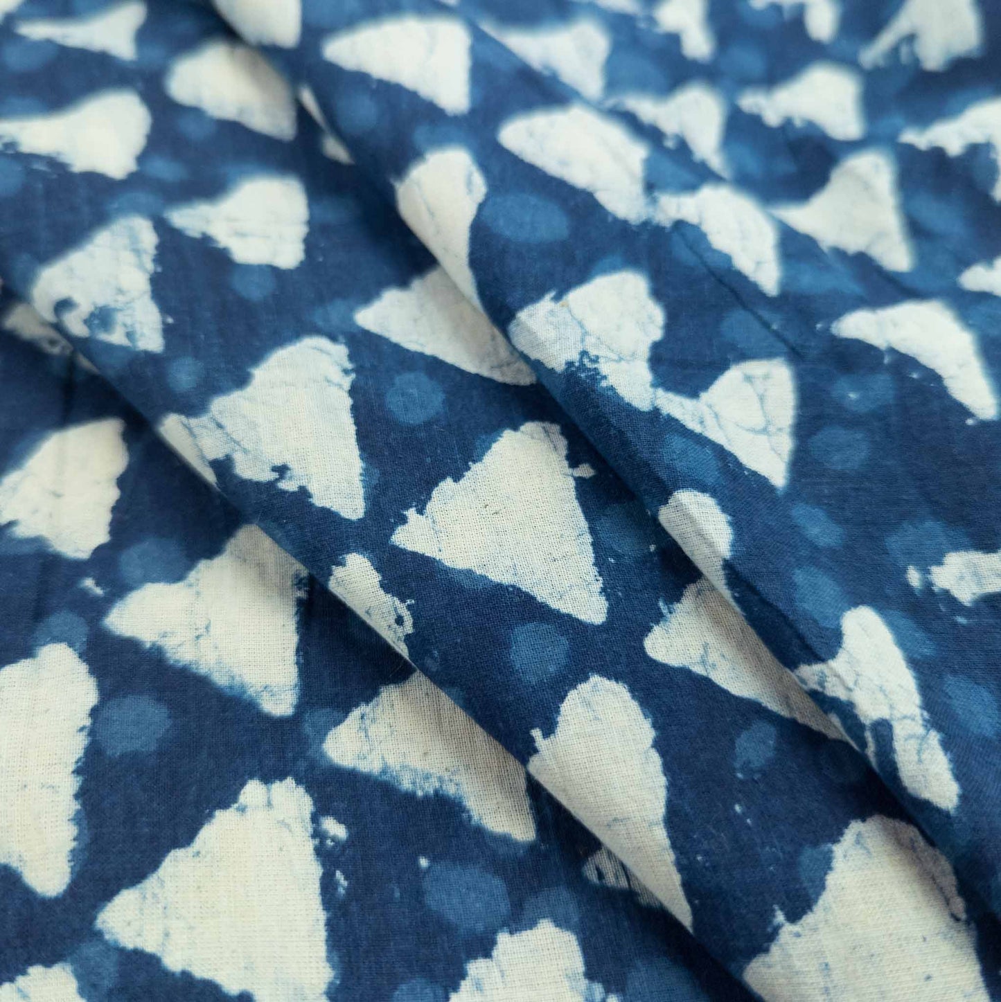 Indian Dabu Cotton - Indigo Triangles | Block Print Fabric | 112cm Wide - Textile Traders