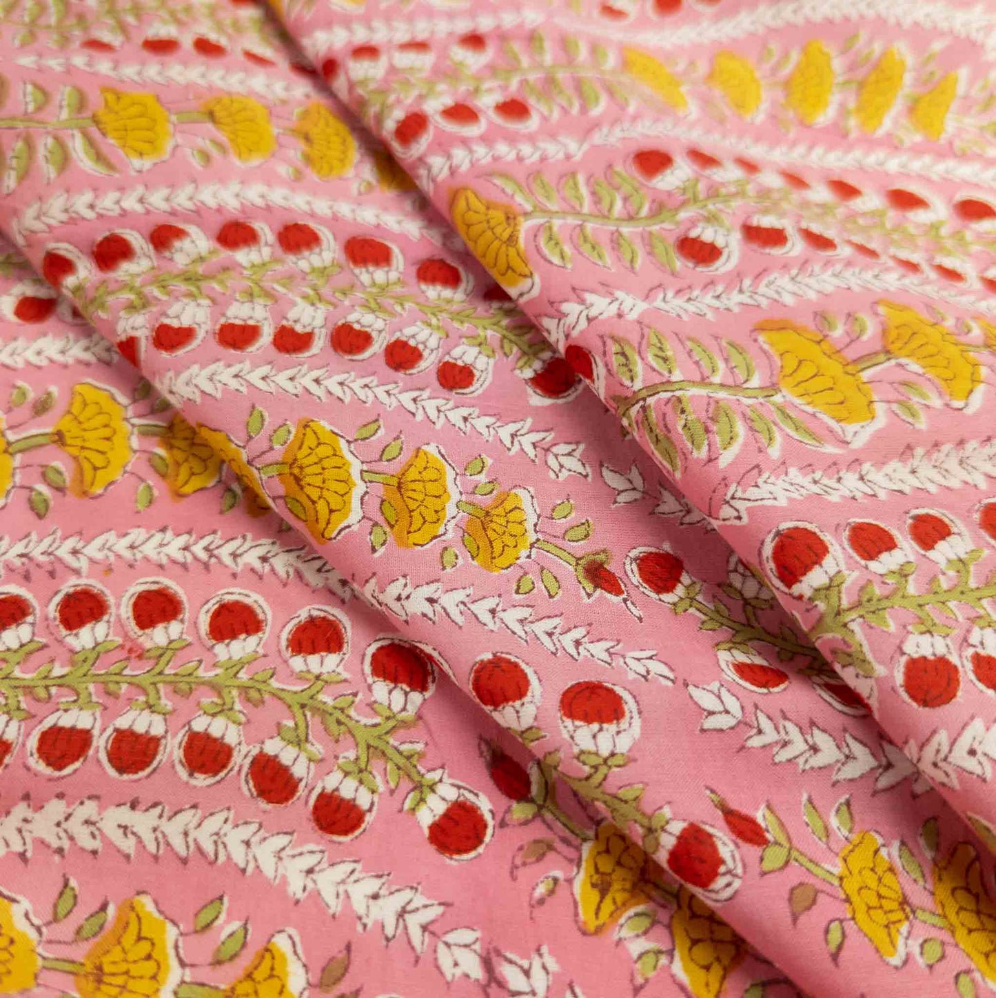Pink Block Print Fabric - Indian Floral Motif | 100% Cotton | 112cm Wide - Textile Traders