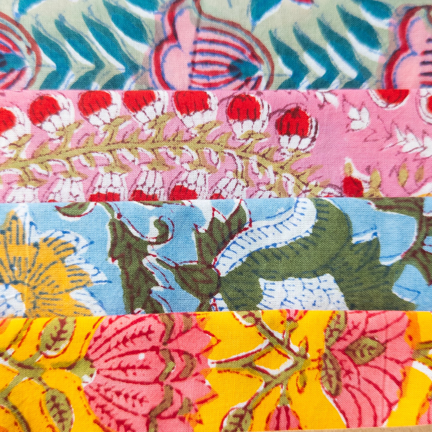 Floral Block Print Fat Quarters | Quilting Fabric | 4 Pieces