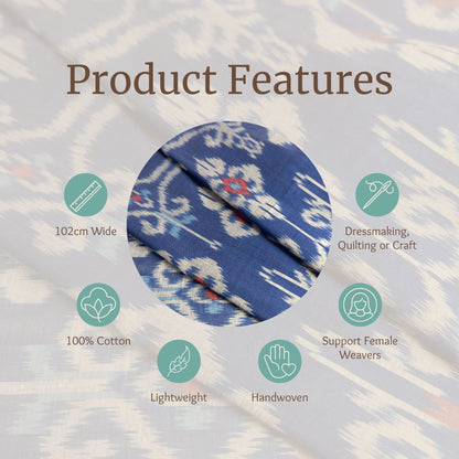 A fabric product feature graphic with a circular close-up of blue patterned fabric in the center and surrounding icons and text reading 102cm Wide, 100% Cotton, Lightweight, Handwoven, Dressmaking, Quilting or Craft, Support Female Weavers, and Product Features.