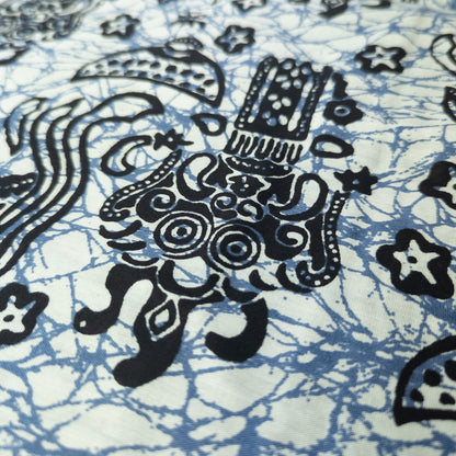 Blue and white crackle batik sarong with Indonesian gods