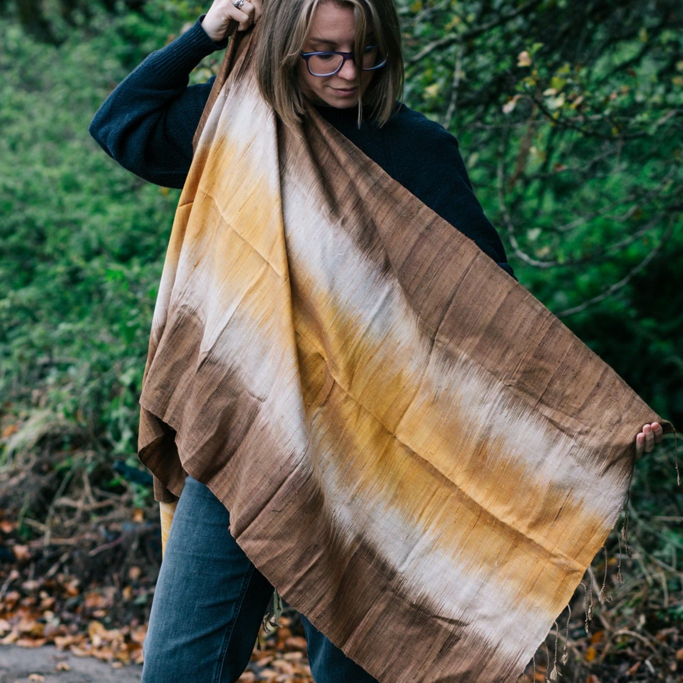 Handwoven Silk Shawl | Gold Ikat Wrap | 165cm x 67cm