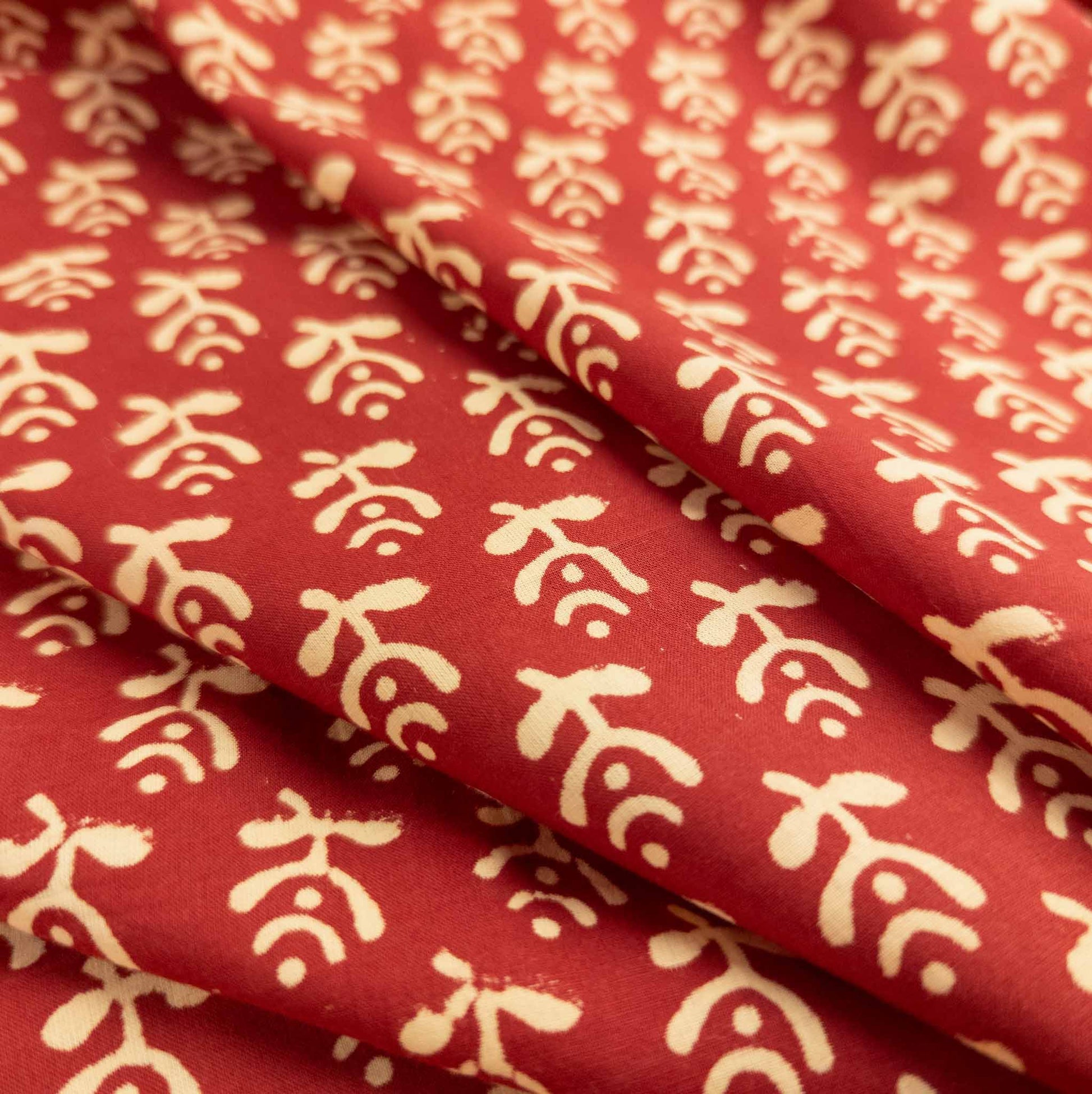 Red Indian Block Print Fabric with Traditional Stamped Pattern