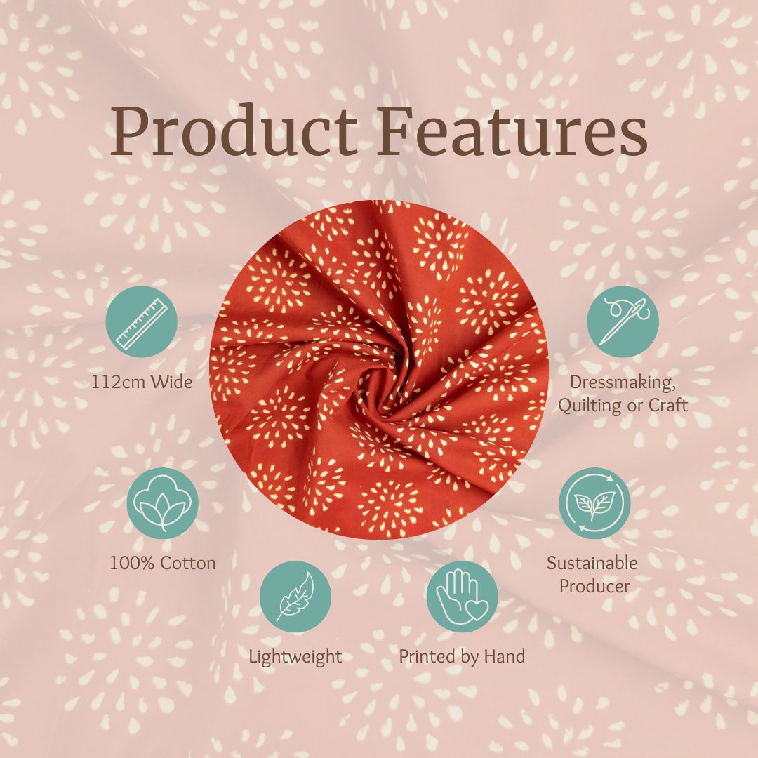 100% Cotton Block Print Fabric - Red Dandelion | Hand Printed in India | 112cm