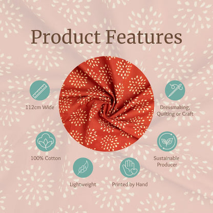 100% Cotton Block Print Fabric - Red Dandelion | Hand Printed in India | 112cm