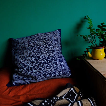 Indigo Batik Cushion Cover | Hmong Hill Tribe Textiles - Spirals | 18" x 18"