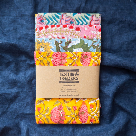 Floral Block Print Fat Quarters | Quilting Fabric | 4 Pieces