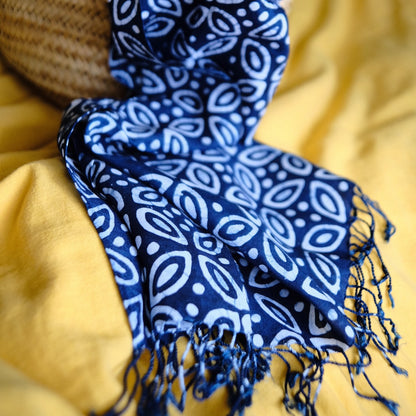 Handmade blue batik geometric pattern scarf with natural indigo dye.