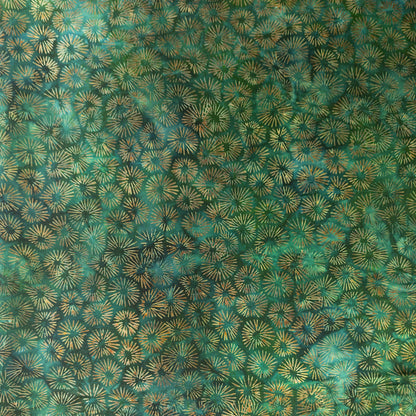 hand printed cotton batik fabric with green and brown stardust print