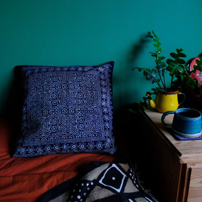 Handmade Indigo Cushion Cover | Hmong Hill Batik Textiles - Star | 18" x 18"