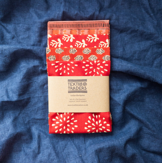 Red Blockprint Fat Quarters | Indian Quilting Fabric | 4 Pack
