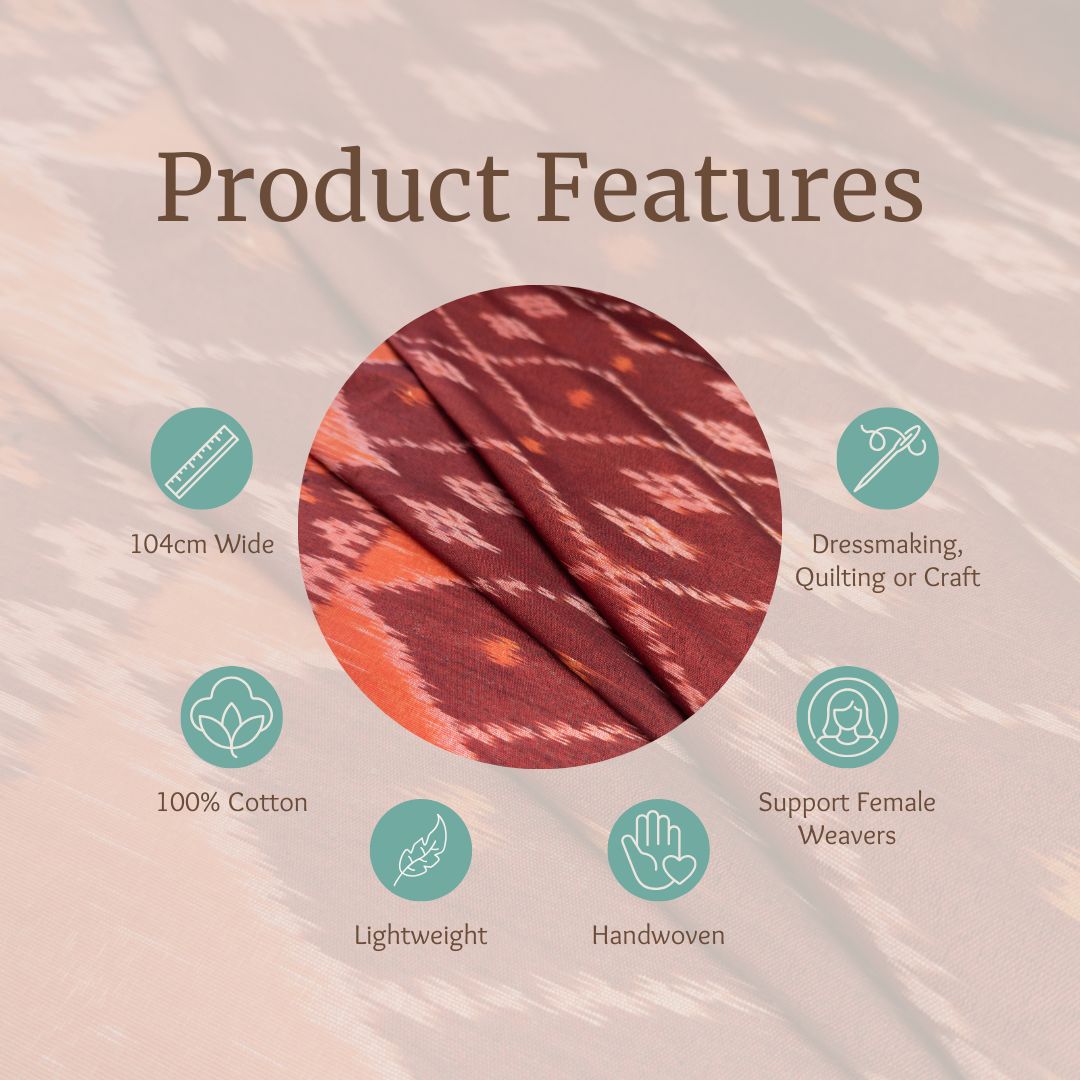Product features infographic for a patterned fabric, showing a circular close-up of the textile with surrounding icons and text highlighting 104cm width, 100% cotton, lightweight, handwoven, dressmaking/craft use, and support for female weavers.