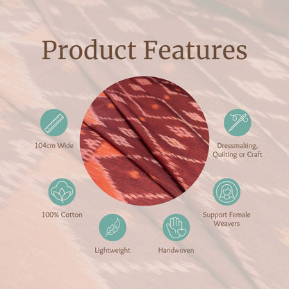 Product features infographic for a patterned fabric, showing a circular close-up of the textile with surrounding icons and text highlighting 104cm width, 100% cotton, lightweight, handwoven, dressmaking/craft use, and support for female weavers.