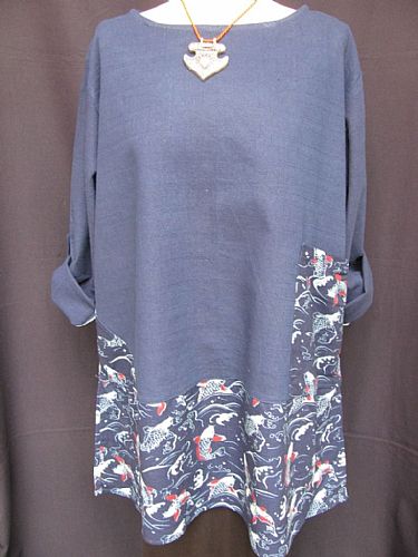 Photo of our Japanese Fish Indigo tunic (size M/L and size X/XL
